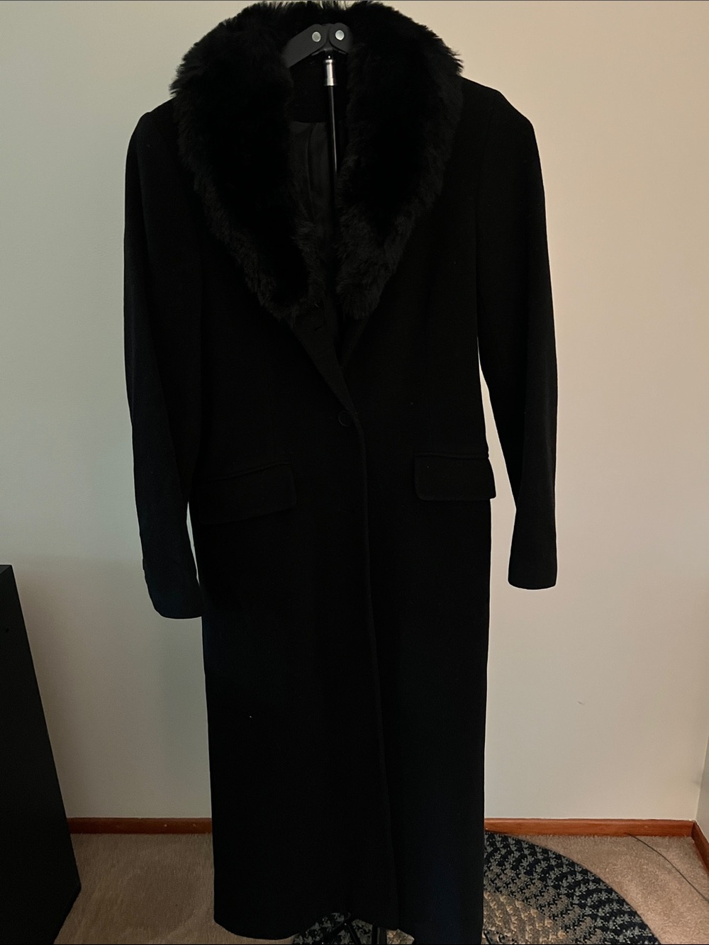 Dorothy Perkins Black Long Trench Coat with Faux Fur Collar- size 8UK